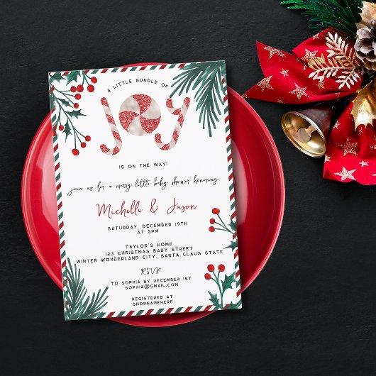 Fun Glitter Christmas Candy Cane Joy Baby shower Kaart