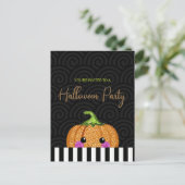 Fun Glitter Pumpkin Halloween Party Invitation Briefkaart (Staand voorkant)