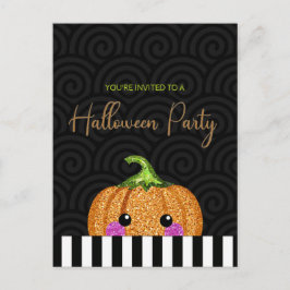 Fun Glitter Pumpkin Halloween Party Invitation Briefkaart