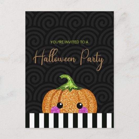 Fun Glitter Pumpkin Halloween Party Invitation Briefkaart (Voorkant)
