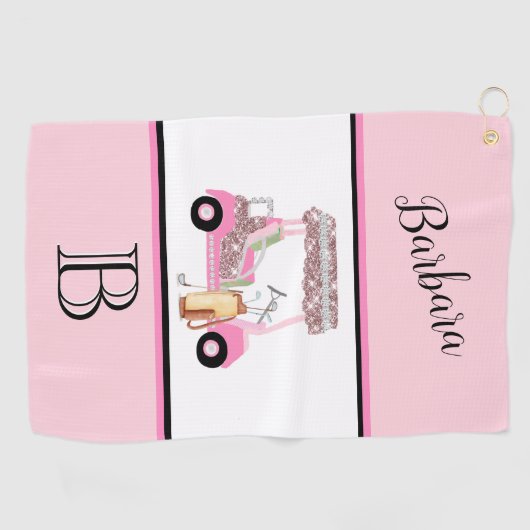 Fun Glitzy Golf Cart Monogram Naam Golfhanddoek (Horizontaal)