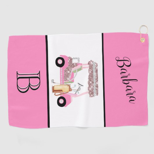 Fun Glitzy Golf Cart Monogram Naam Golfhanddoek (Horizontaal)