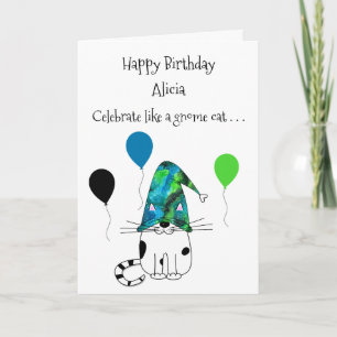 Fun Gnome Cat and Balloons Birthday Wenskaart Kaart