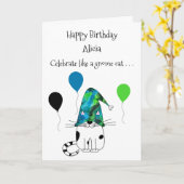 Fun Gnome Cat and Balloons Verjaardag Wenskaart Kaart (Gele Bloem)