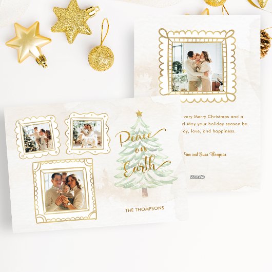 Fun Gold Doodle Frame Peace on Earth 3-Photo Feestdagenkaart