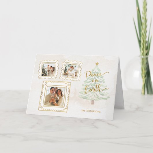 Fun Gold Doodle Lijst Peace on Earth 3-Foto Feestdagen Kaart (Voorkant)