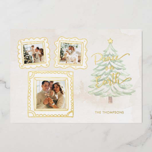 Fun Gold Doodle Lijst Peace on Earth 3-Foto Folie Feestdagenkaart (Voorkant)
