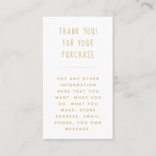 Fun Gold text insert Kaart for customer orders. (Voorkant)