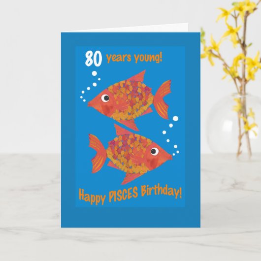 Fun Goldfishes Pisces 80th Birthday Kaart (Gele Bloem)