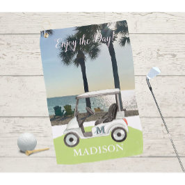 Fun Golf Cart Beach Monogram Naam Golfhanddoek