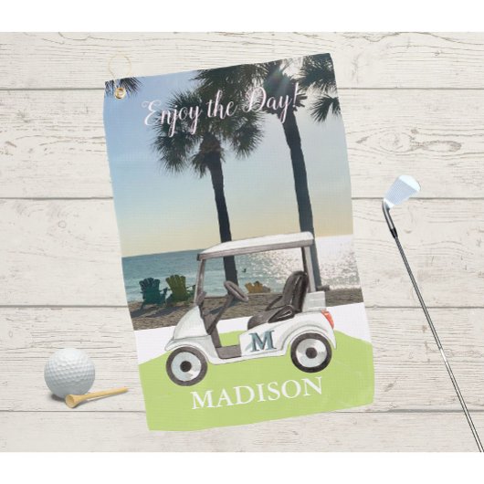 Fun Golf Cart Beach Monogram Naam Golfhanddoek