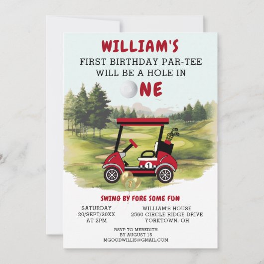 Fun Golf Red Cart Boy 1e Verjaardag Par-T-shirt Kaart (Voorkant)