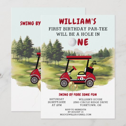 Fun Golf Red Cart Boy 1e Verjaardag Par-T-shirt Kaart (Voorkant / Achterkant)