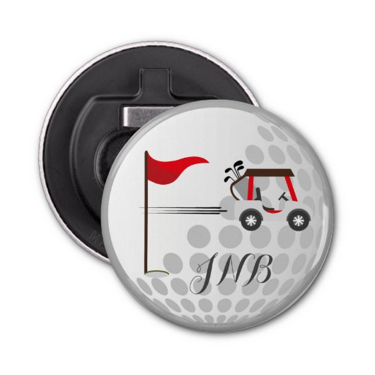 Fun Golfing Golf Cart Ball voor Golfers Monogram Button Flesopener (Voorkant)