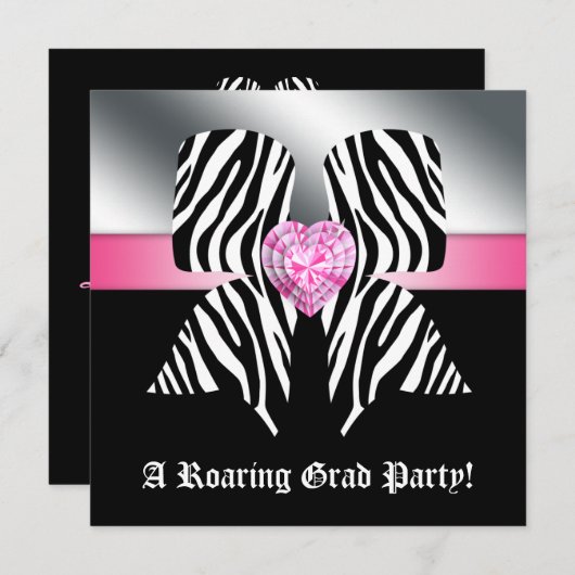 Fun Graduation Party nodigt Zebra Bow roze uit Kaart (Voorkant / Achterkant)