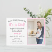 Fun Gray Pink Heart Foto van een meisje Baby showe Kaart (Staand voorkant)
