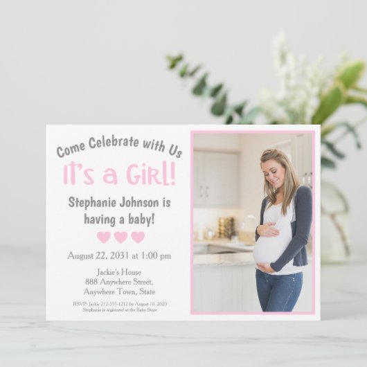 Fun Gray Pink Heart Foto van een meisje Baby showe Kaart (Staand voorkant)