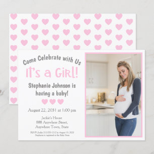 Fun Gray Pink Heart Foto van een meisje Baby showe Kaart