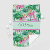 Fun green and pink ladies tropical palm tree golfhanddoek (Insitu)