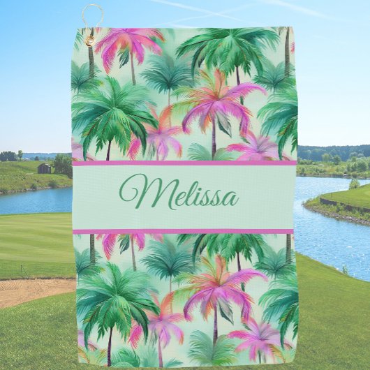 Fun green and pink ladies tropical palm tree golfhanddoek