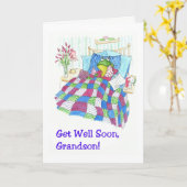 Fun Green Frog Get Well Soon voor kleinzoon Kaart (Gele Bloem)