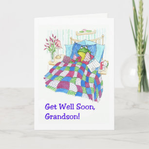 Fun Green Frog Get Well Soon voor kleinzoon Kaart