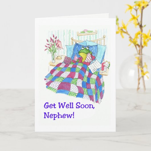 Fun Green Frog Get Well Soon voor neefje Kaart (Gele Bloem)