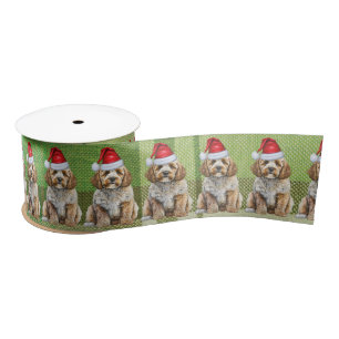 Fun Green Plaid Cockapoo Santa Dog Kerstmis Satijnen Lint