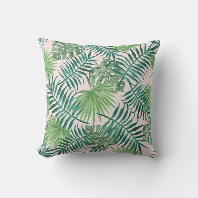 Fun Green Tropical Leaves op Roze Buitenkussen (Voorkant)