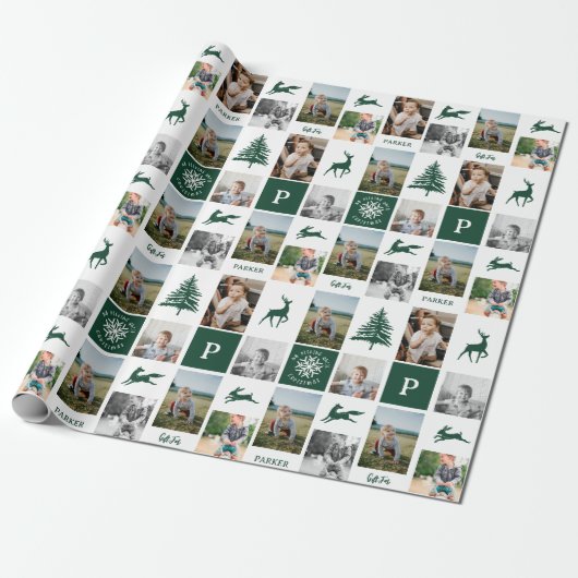 Fun Green Woodland Custom Photo Collage Monogram Cadeaupapier (Uitgerold)