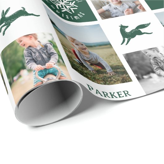 Fun Green Woodland Custom Photo Collage Monogram Cadeaupapier (Rol Hoek)