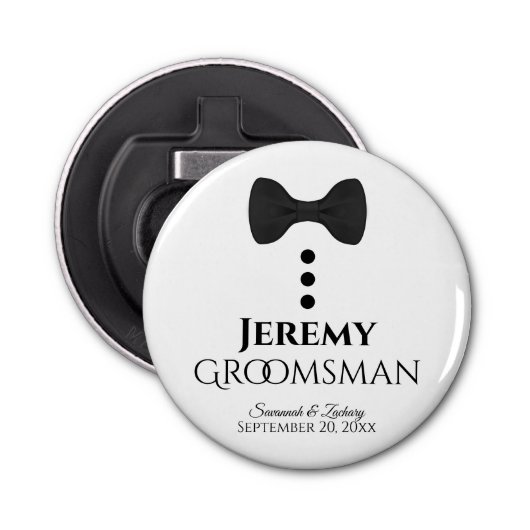 Fun Groomsman Wedding Favor Black Stropdas Tuxedo Button Flesopener (Voorkant)
