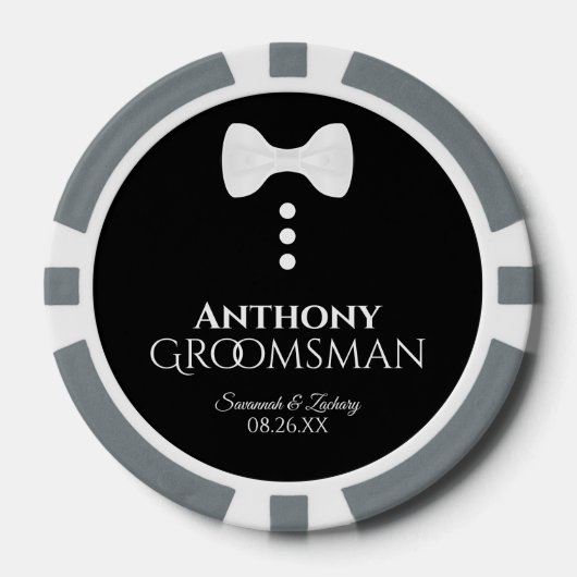 Fun Groomsman Wedding Favor White Bow Stropdas Tux Poker Chips (Voorkant)