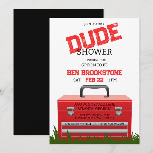 Fun Guy Groom Toolbox Wedding Shower-uitnodiging Kaart (Voorkant / Achterkant)