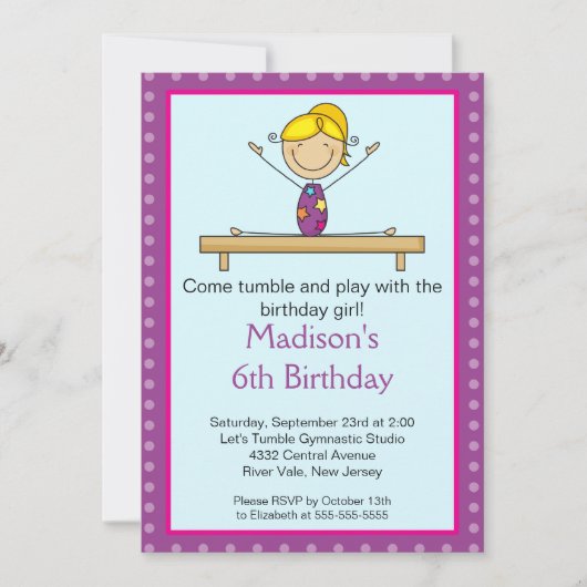 Fun Gymnastics Kids Birthday Party Invitation Kaart (Voorkant)