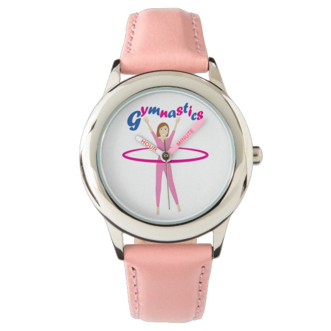 Fun Gymnastics text with Pink hula hooping girl Horloge (Voorkant)