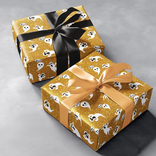 Fun Halloween Gold Glitter Ghosts Cadeaupapier