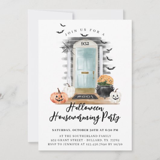 Fun Halloween Housewarming Party Blue Front Aankondiging (Voorkant)