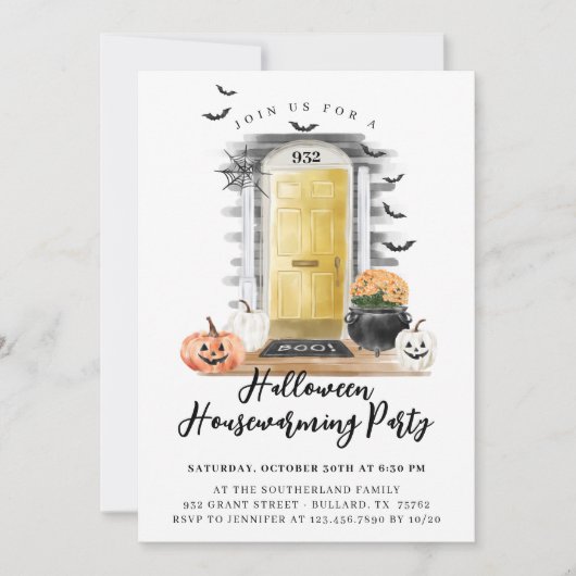 Fun Halloween Housewarming Party Gele voordeur Aankondiging (Voorkant)