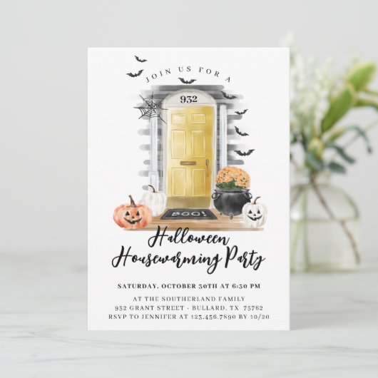 Fun Halloween Housewarming Party Gele voordeur Aankondiging (Staand voorkant)