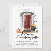 Fun Halloween Housewarming Party Red voordeur Aankondiging (Voorkant)