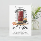 Fun Halloween Housewarming Party Red voordeur Aankondiging (Staand voorkant)