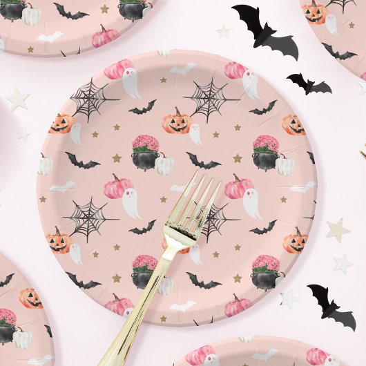 Fun Halloween Pink & Oranje Pumpkin Spider Web Bat Papieren Bordje