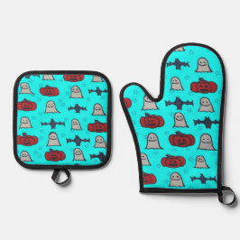 Fun Halloween Print op Blue Ovenwant & Pannenlap Set