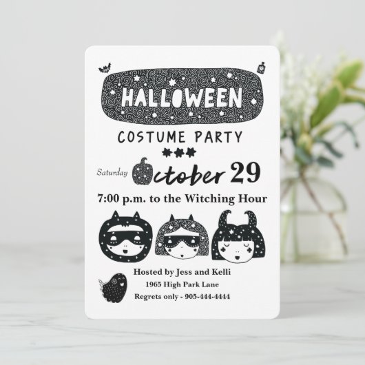 Fun halloween superheld costuum party b&w kaart (Staand voorkant)