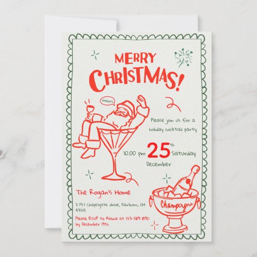 Fun Hand Drawn Doodle Merry Christmas Cocktail Kaart (Voorkant)