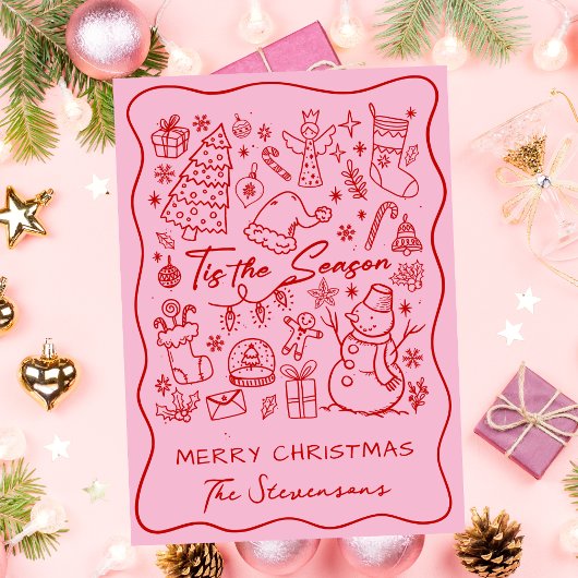 Fun Hand Drawn Red on Pink Folded Photo Christmas  Feestdagen Kaart