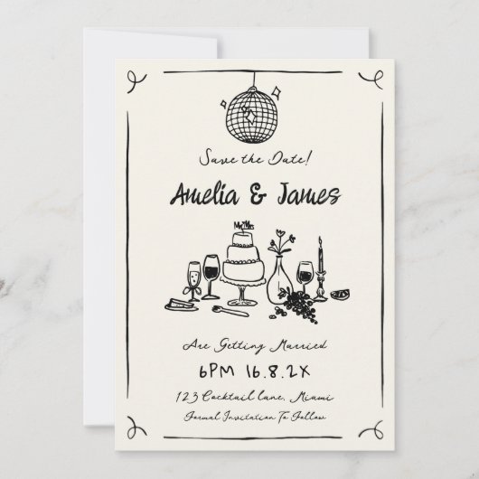 Fun Hand Drawn Save the date Eigenzinnige bruiloft Kaart (Voorkant)