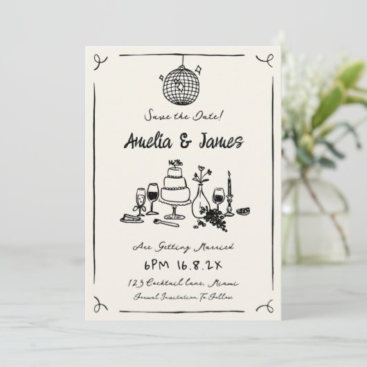 Fun Hand Drawn Save the date Eigenzinnige bruiloft Kaart (Staand voorkant)