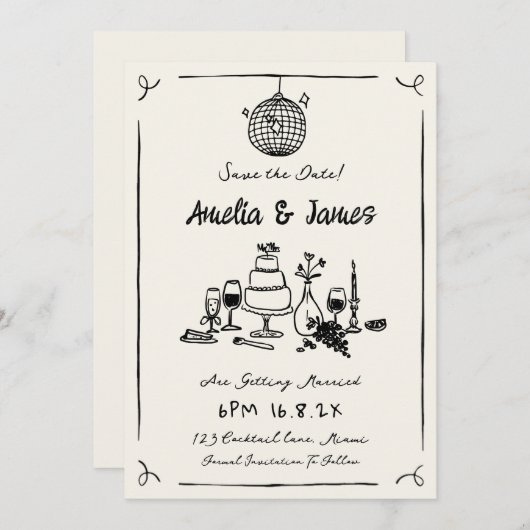 Fun Hand Drawn Save the date Eigenzinnige bruiloft Kaart (Voorkant / Achterkant)